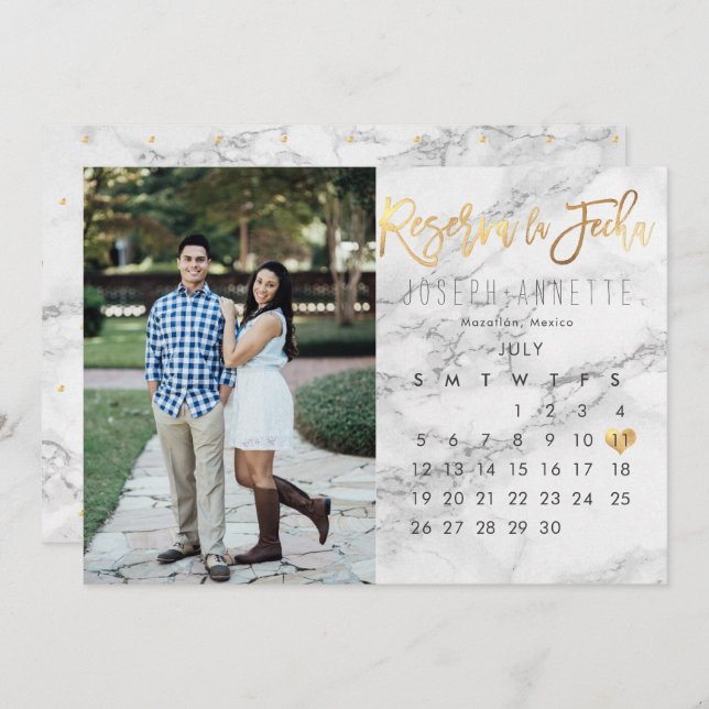 Invitación Español Guardar fecha calendario Marble faux gold (Anverso / Reverso)