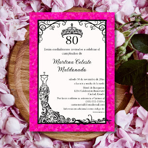 Invitación Español Hot Pink Black Stylish 80th Birthday Party
