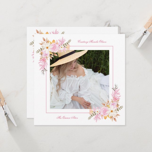 Invitación Español Mis XV Foto Romántica Primavera Bouquet (Anverso/Reverso In Situ)