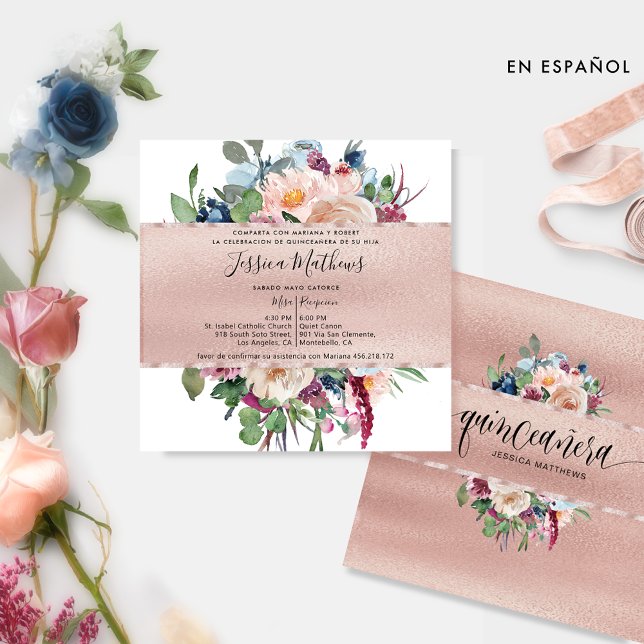 Invitación Español, Pastel Floral y Oro Rosa Quinceañera (Subido por el creador)