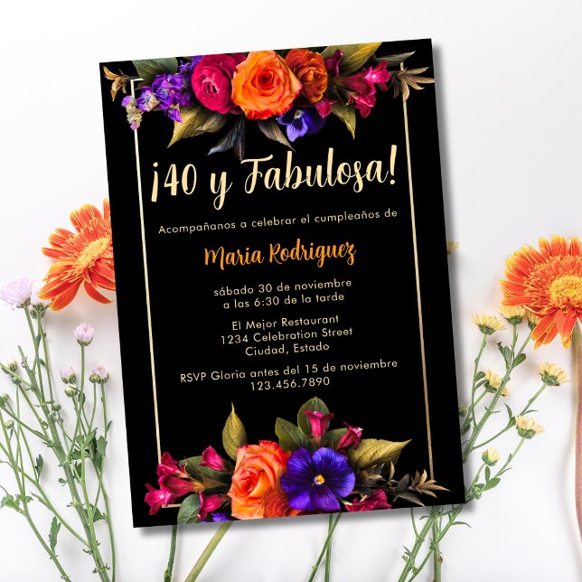 Invitación Español Presupuestado Elegante Florals Negro 40 cu (Subido por el creador)