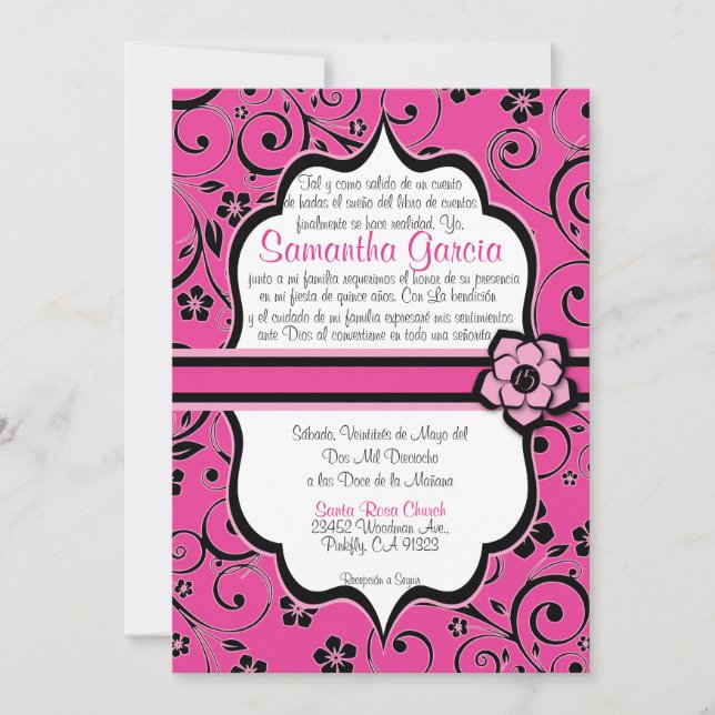 Invitación Español Quinceañera del rosa y del negro (Anverso)