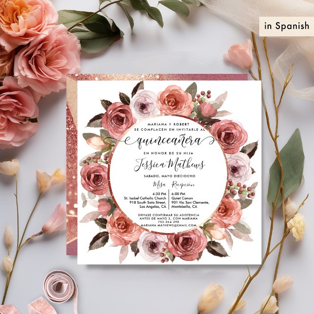 Invitación Español, Quinceanera Rubor Floral Rosa Gold Floral (Subido por el creador)