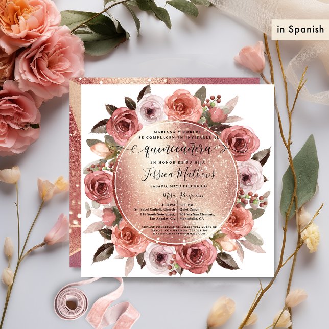 Invitación Español, Quinceanera Rubor Rosa Floral Purpurina G (Subido por el creador)