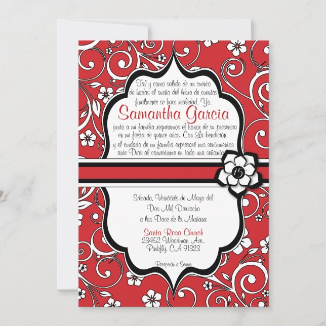 Invitación Español rojo y negro Quinceañera (Anverso)