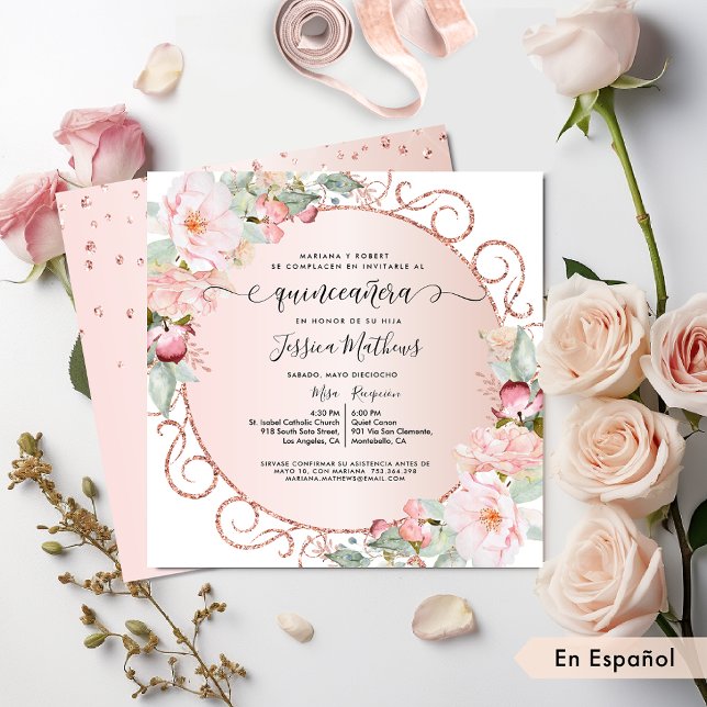 Invitación Español, rosa, oro Rosa, quinceanera floral de Rub (Subido por el creador)