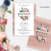 Español, Rosa Pastel Floral Quinceañera Inv