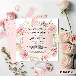 Invitación Español, rosa, Rubor, floral de oro Rosa Quinceane