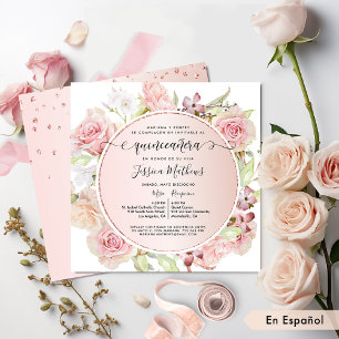 Invitación Español, rosa, Rubor, floral de oro Rosa Quinceane