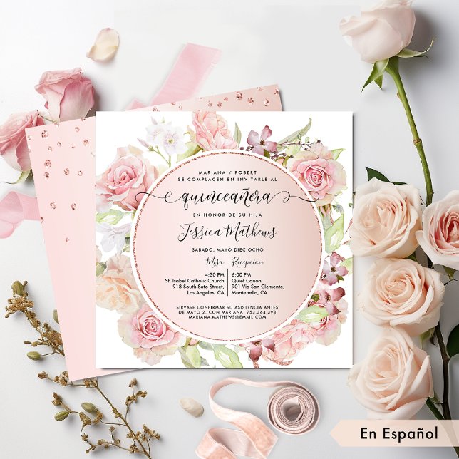 Invitación Español, rosa, Rubor, floral de oro Rosa Quinceane (Subido por el creador)