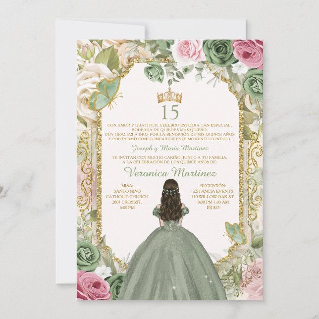 Invitación Español Rosado y Oro 15 Años Princesa Nacimiento (Anverso)
