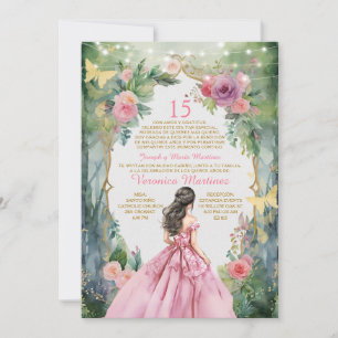 Invitación Español Rubor Princesa Rosa Vestida Selva 15 Años