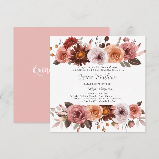 Invitación Español, Rubor Rosa y Borgoña Floral Quinceañera (Anverso / Reverso)