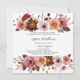 Invitación Español, Rubor Rosa y Borgoña Floral Quinceañera