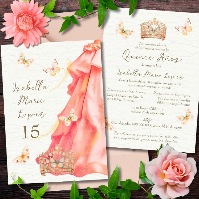 Invitación Español, Salmón-Rosa Butterflies Quinceañera (Subido por el creador)