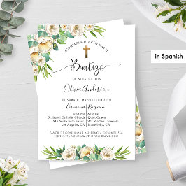Invitación Español, verde y bautismo floral blanco