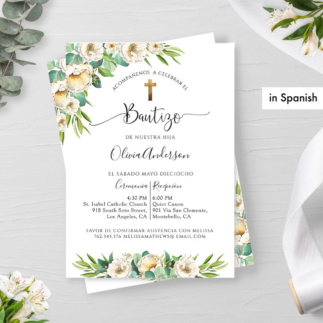 Invitación Español, verde y bautismo floral blanco (Subido por el creador)
