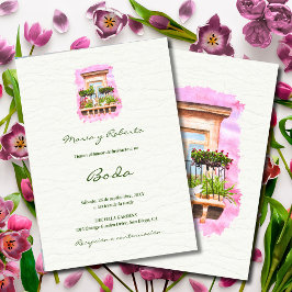 Invitación Español, Watercolor Town Balcony Boda mexicano