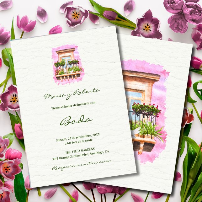 Invitación Español, Watercolor Town Balcony Boda mexicano (Subido por el creador)