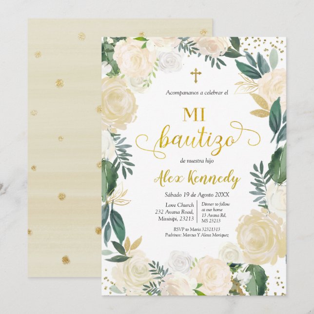 Invitación española a la floral blanca Mi Bautizo (Anverso / Reverso)