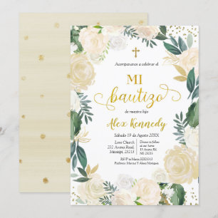 Invitación española a la floral blanca Mi Bautizo