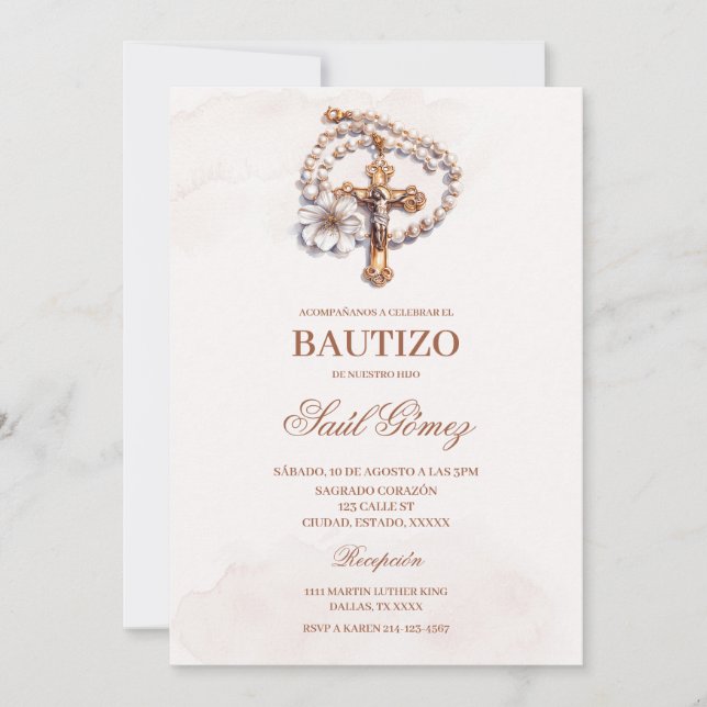 Invitación española al bautismo crucifijo Beige (Anverso)