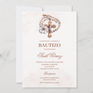 Invitación española al bautismo crucifijo Beige