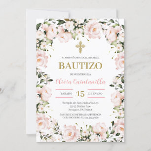 Invitación española al bautismo floral rosado de R