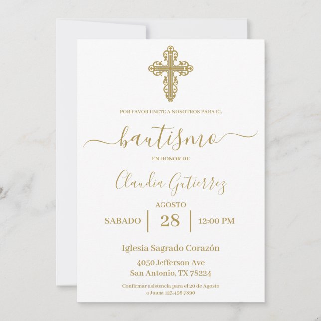 Invitación española al bautismo minimalista de oro (Anverso)