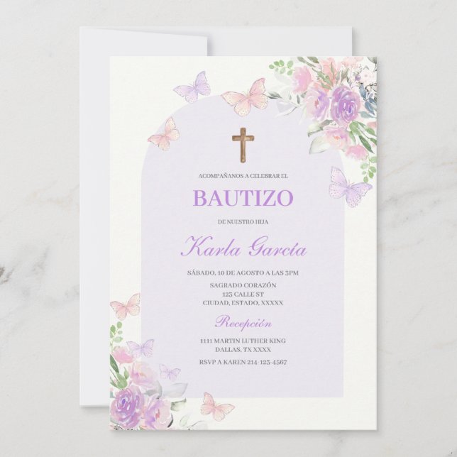 Invitación española al bautismo morado floral (Anverso)