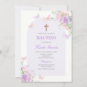 Invitación española al bautismo morado floral