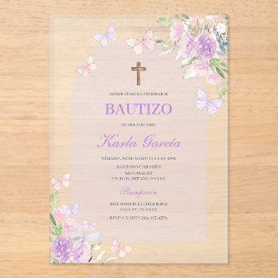 Invitación española al bautismo morado floral