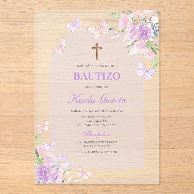 Invitación española al bautismo morado floral (Anverso)
