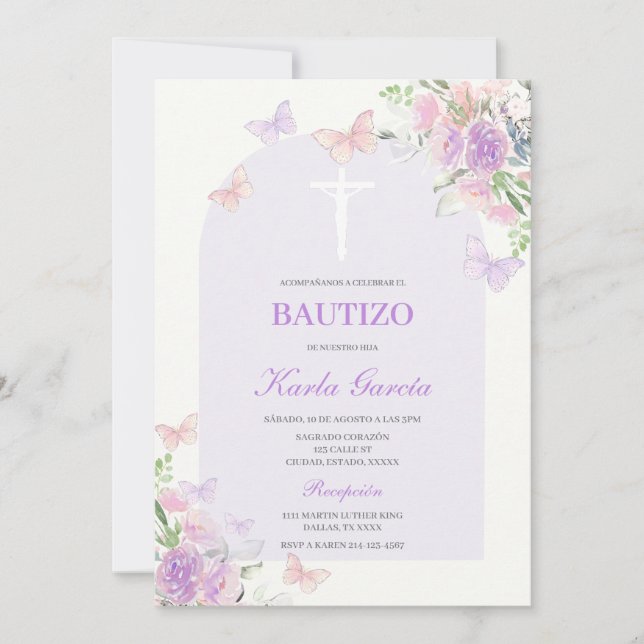 Invitación española al bautismo morado floral (Anverso)