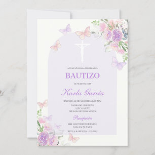 Invitación española al bautismo morado floral