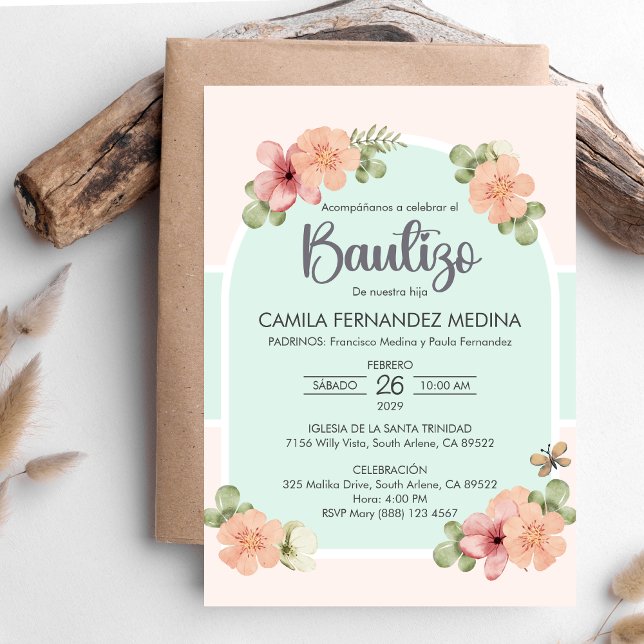 Invitación española Bautizo Flores rosas Bautismo (Subido por el creador)