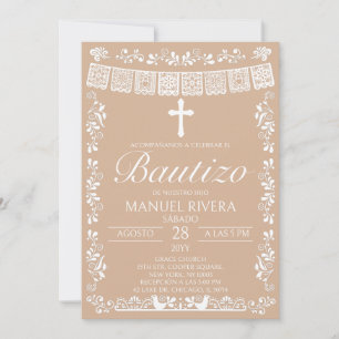 Invitación Española Beige Papel Picado Bautizo