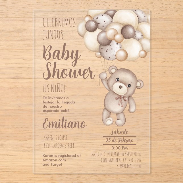 Invitación española de Acrylic Teddy Bear Baby Sho (Anverso)