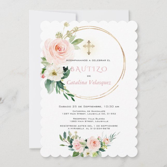 Invitación Española De Bautizo Con Flores (Anverso)