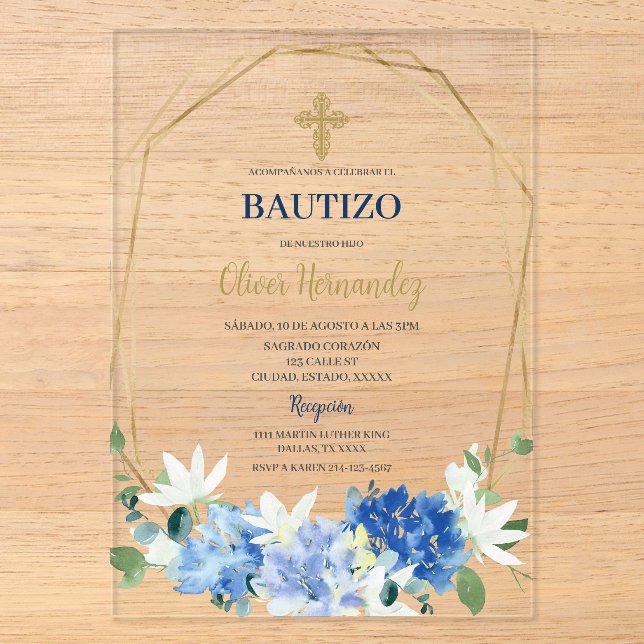 Invitación española de bautizo floral azul (Anverso)