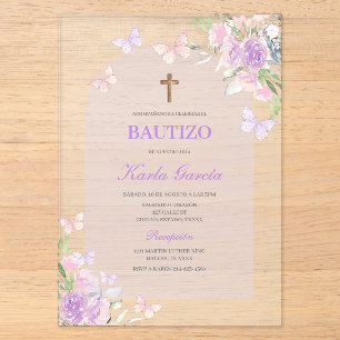 Invitación española de bautizo floral púrpura