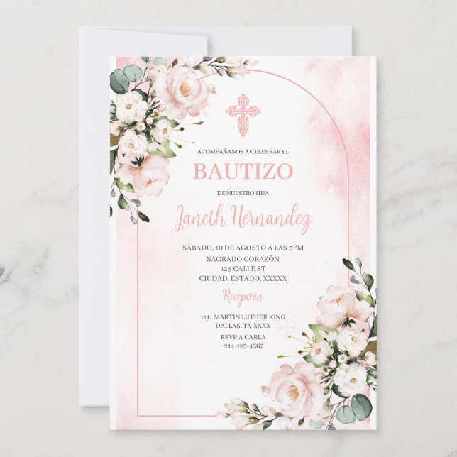 Invitación española de Bautizo floral rosa (Anverso)