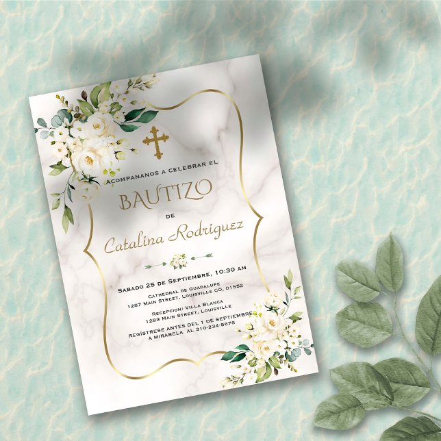 Invitación Española De Bautizo Mármol Blanco Flora (Subido por el creador)