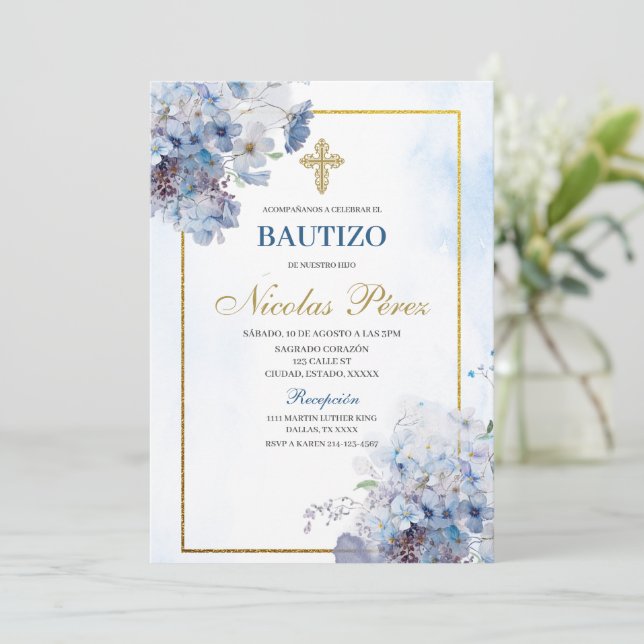 Invitación española de Blue Floral Bautizo (Anverso de pie)
