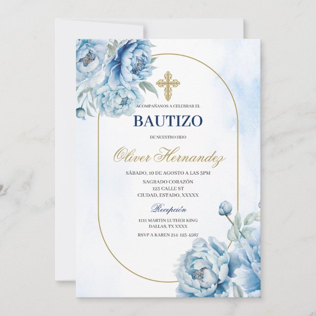 Invitación española de Blue Floral Bautizo (Anverso)