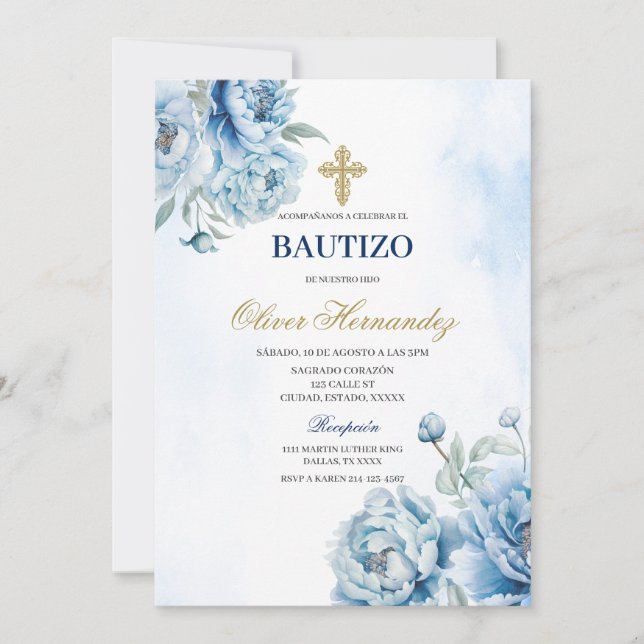 Invitación española de Blue Floral Bautizo (Anverso)