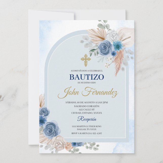 Invitación española de Blue Floral Bautizo (Anverso)