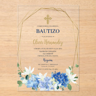 Invitación española de Blue Floral Bautizo