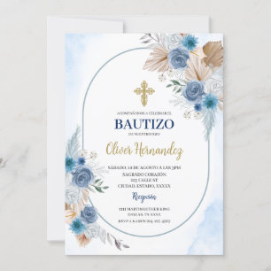 Invitación española de Blue Floral Bautizo