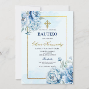 Invitación española de Blue Floral Bautizo
